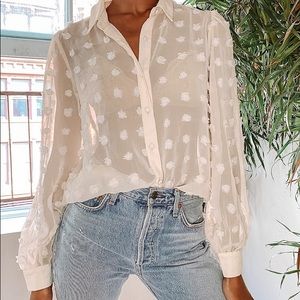 Lulus Secret Spot Dotted Sheer Long Sleeve Button Up Top Size Large NWT